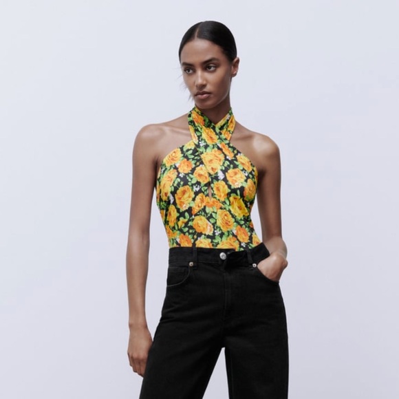 NWT ZARA CROSS NECK BODYSUIT BLACK/ORANGE/GREEN SIZE M -NWT - Picture 2 of 7